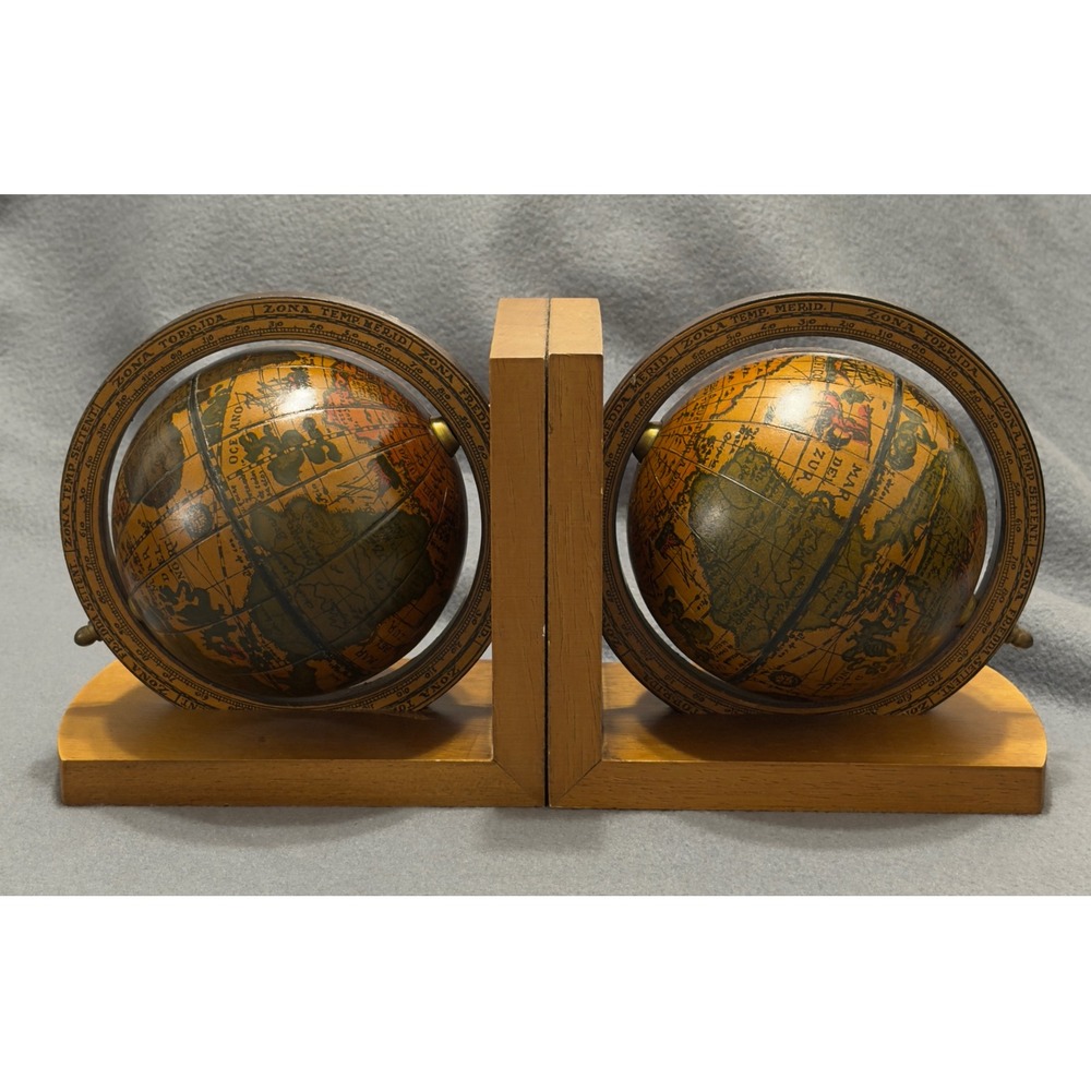 Vintage Spinning World Globe Bookends Made in Italy Beautiful Matching Pair